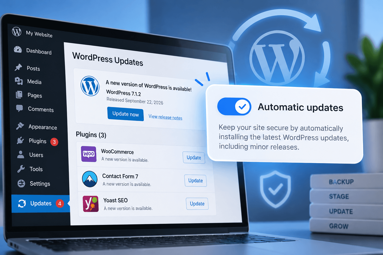 Laptop showing a WordPress updates screen mockup with version 7.1.2 available, plugin updates for WooCommerce, Contact Form 7 and Yoast SEO, and an automatic updates toggle
