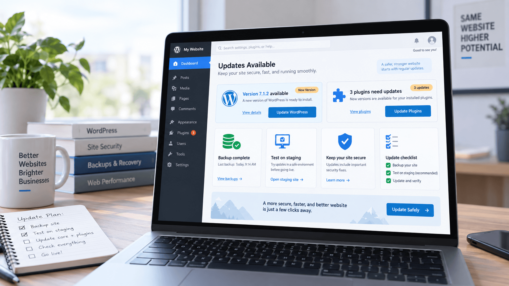 Laptop showing a WordPress dashboard mockup with version 7.1.2 available, pending plugin updates and an update checklistLaptop showing a WordPress dashboard mockup with version 7.1.2 available, pending plugin updates and an update checklist