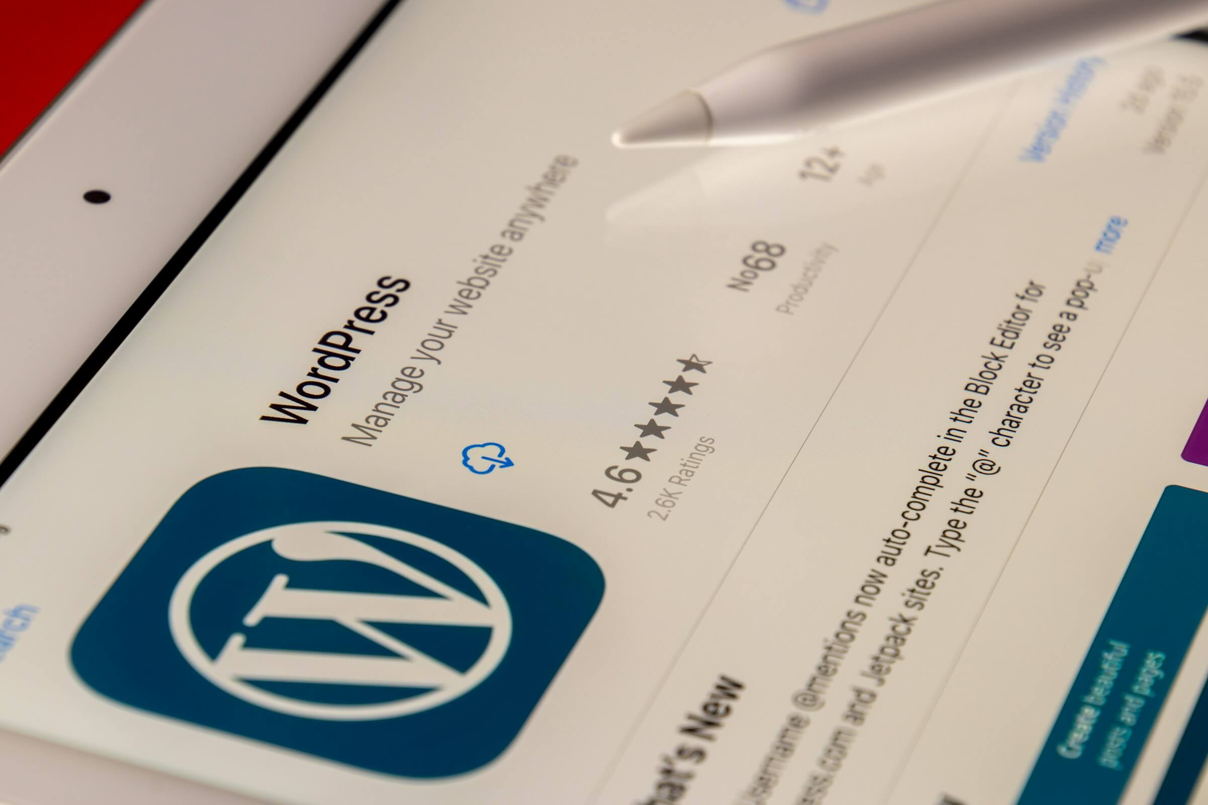 WordPress app page in the App Store on a tablet, showing a 4.6 rating and 